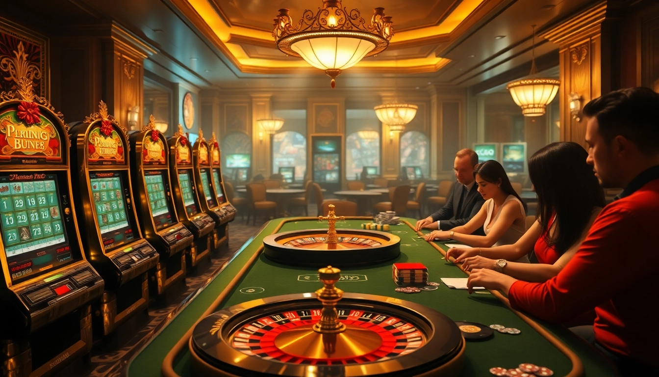 Zonafilm-inspired casino scene showcasing players at poker and roulette tables.