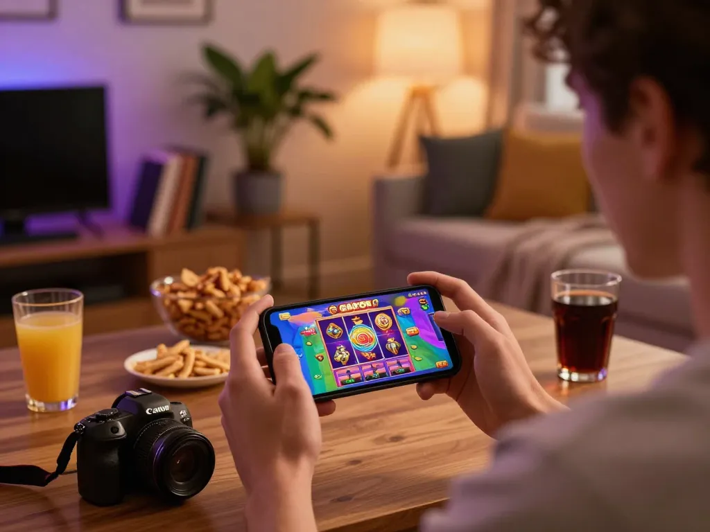 Pemain menikmati permainan slot gacor di smartphone saat malam santai di rumah.