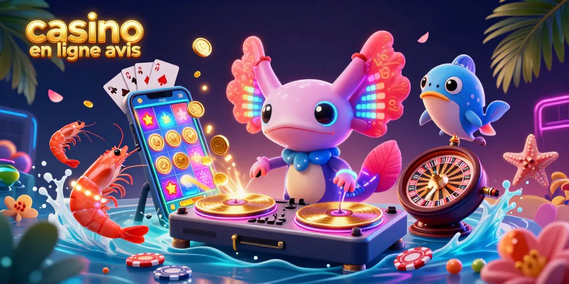 Casino en ligne avis : Découvrez une scène animée avec un DJ axolotl et des jeux de casino.