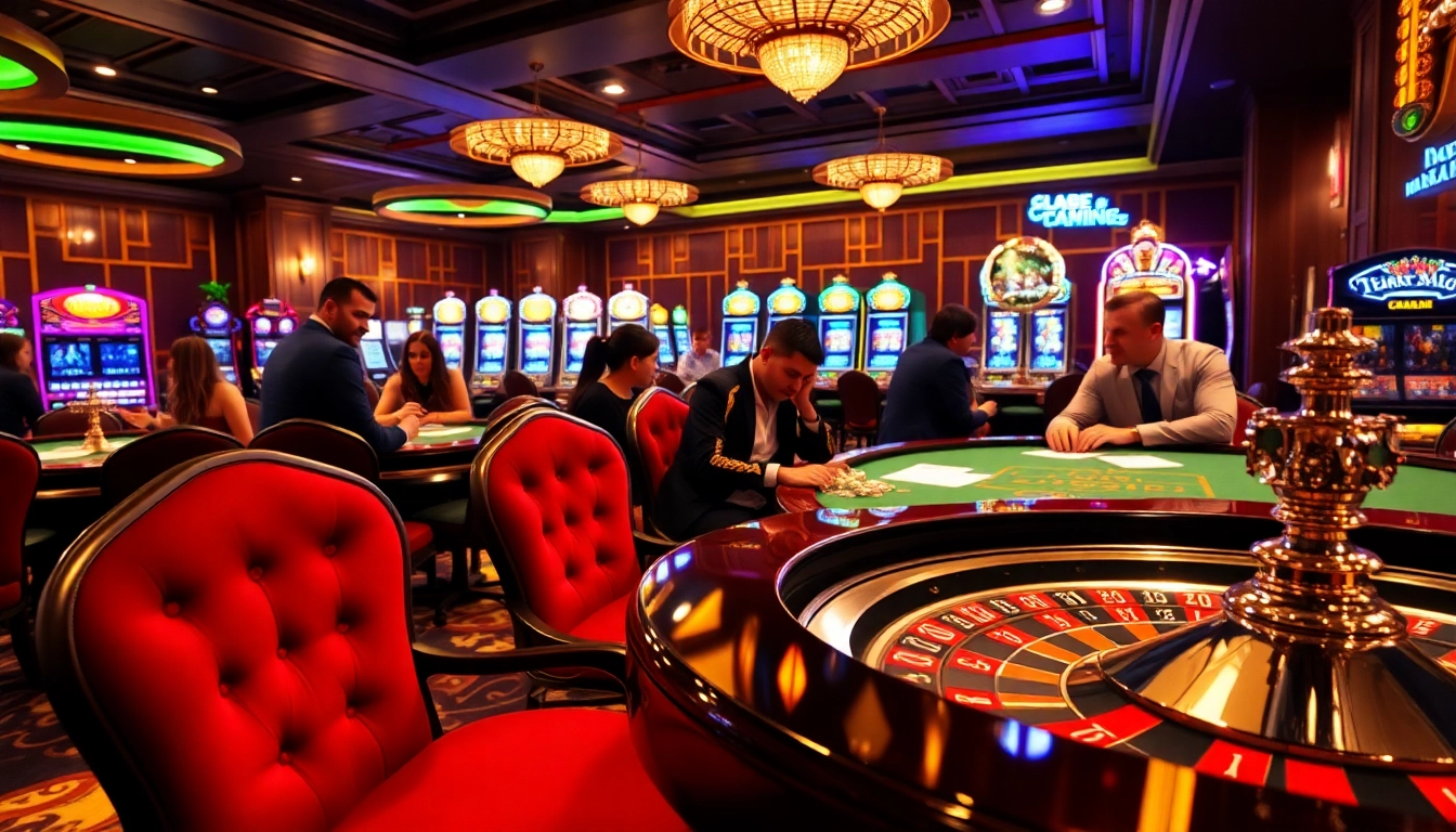 Ambiance de casino captivante avec poker, roulette et machines à sous sur un site de casino en ligne.