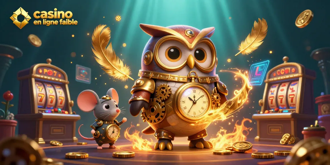Découvrez le casino en ligne fiable avec des éléments de machines à sous et un hibou voyageur en scène.