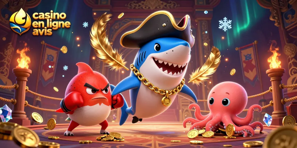Les personnages animés de "casino en ligne avis" explorent un monde de jeux, avec un requin pirate et un bébé pieuvre