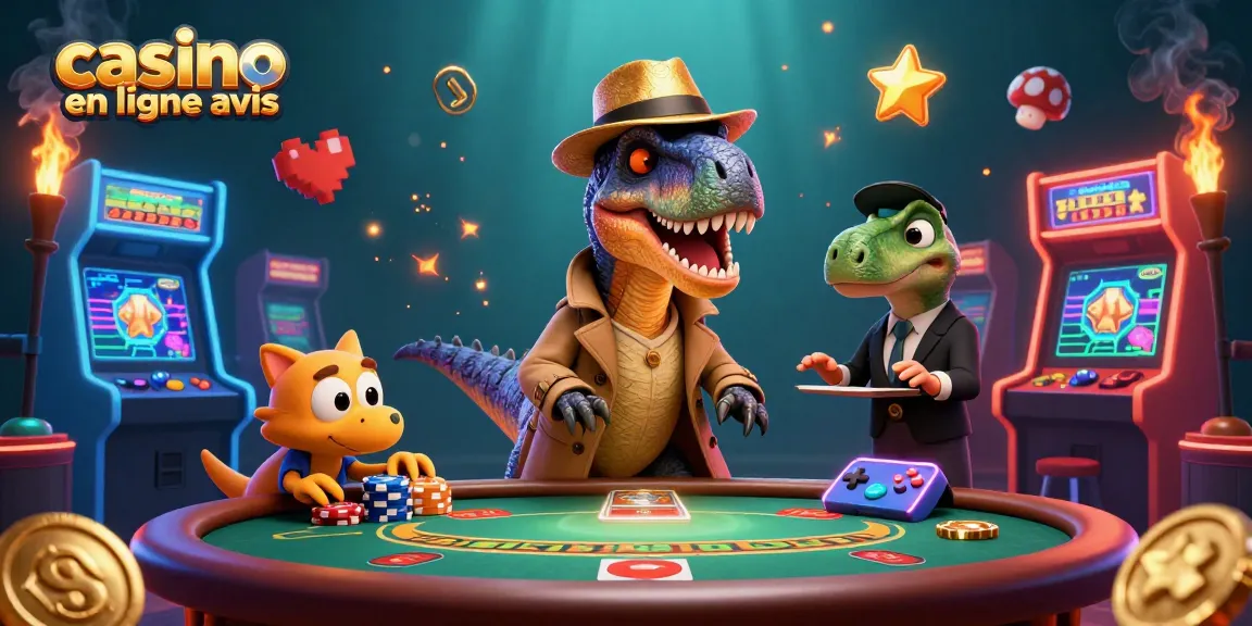 Illustration 3D animée représentant un velociraptor prétentieux au blackjack, accompagnée de jeux d'arcade, illustrant les avis sur les casinos en ligne.