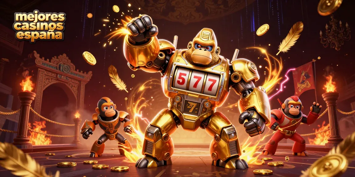 Mejores casinos España: emocionante ilustración 3D de gorila mecánico, temática de tragamonedas.