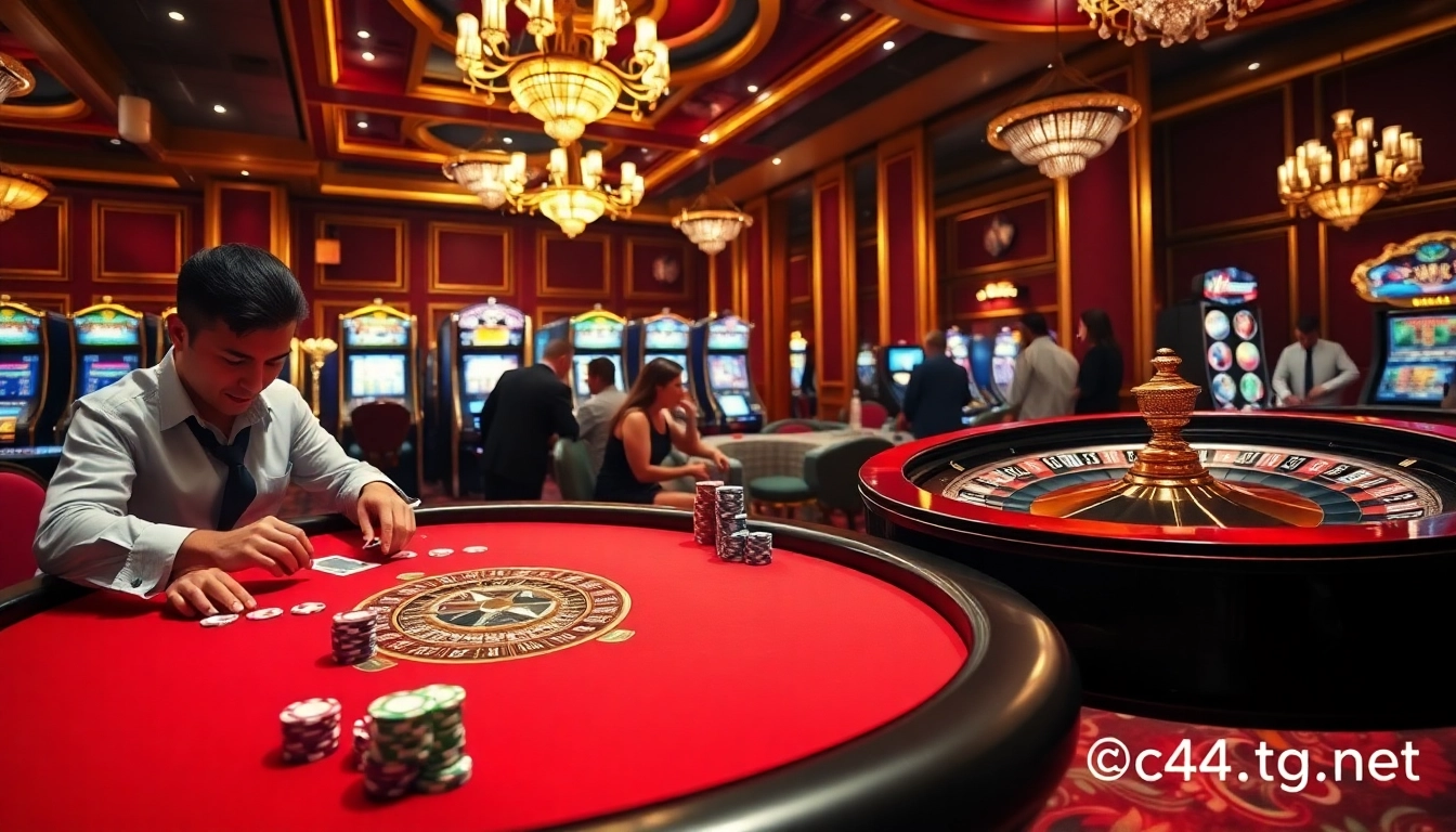 Players at c54.gb.net strategizing over vibrant poker chips at an elegant casino table.