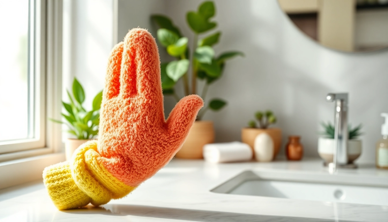 Hand loofah glove showcasing texture and design on a serene bathroom counter.
