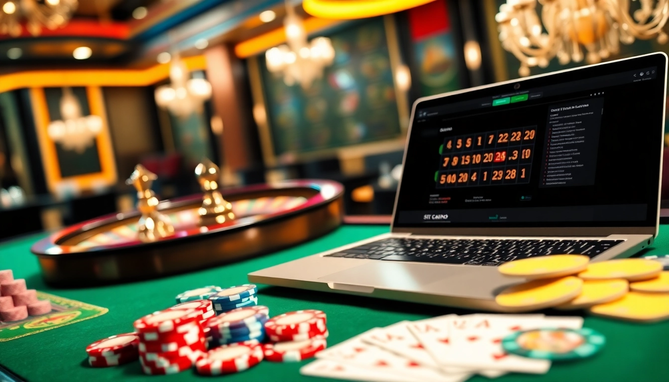 L'excitation d'un site de casino en ligne est mise en avant par des jetons de poker et une roulette qui tourne.