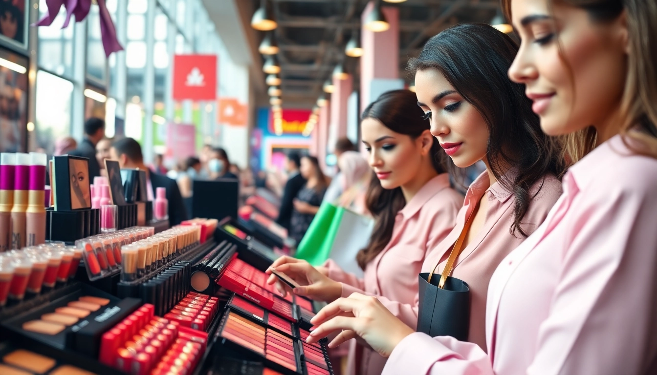 Engaged buyers exploring options from wholesale makeup suppliers in a lively market setting.