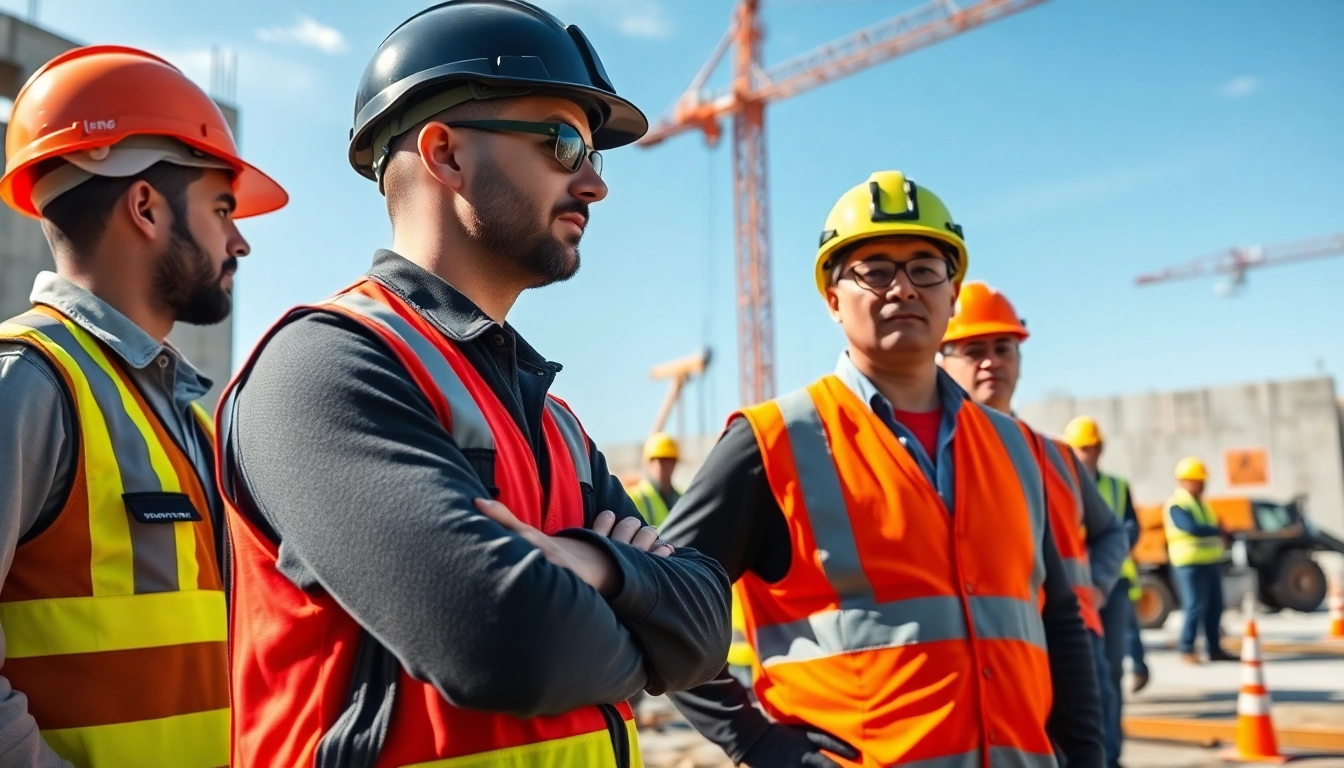 Workers demonstrating construction site safety practices on a vibrant job site.