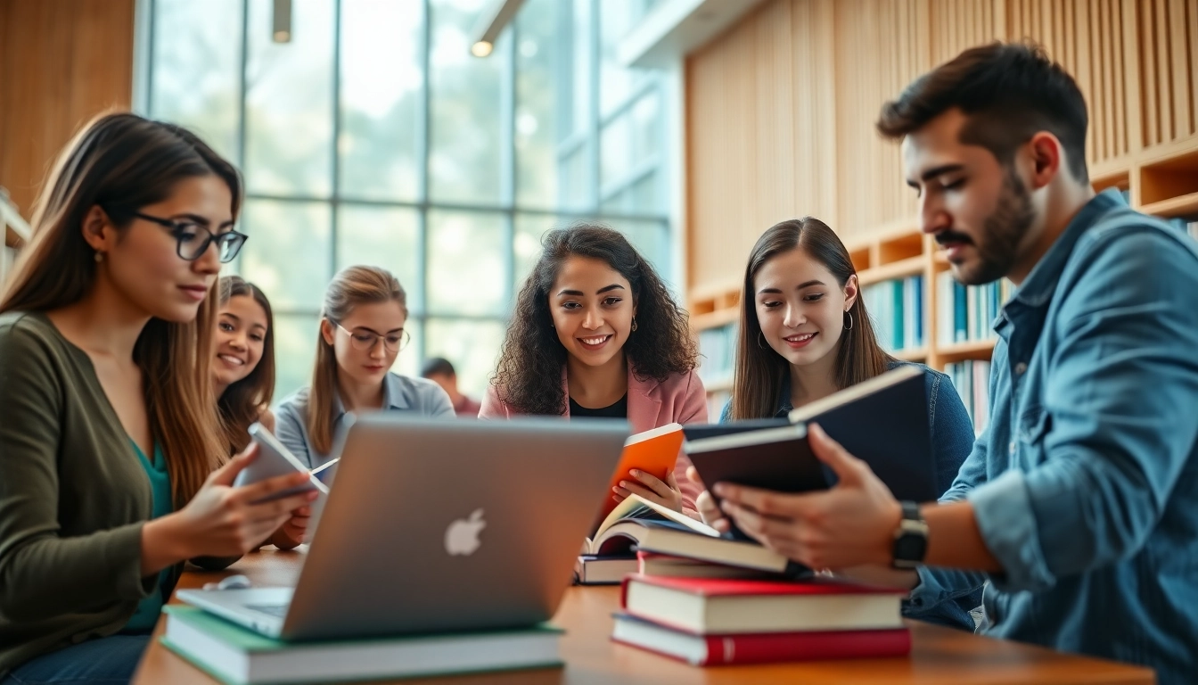 Cisco exam assistance study scene with diverse students focused on laptops in a modern library.