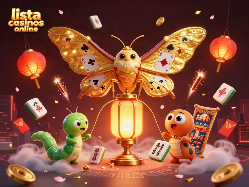 Descubre la lista de casinos online en una ilustración vibrante con mariposa y escenas de juegos de azar.