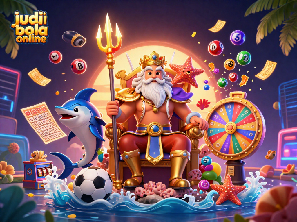 Experience exciting judi bola online action in a vibrant casino scene with Neptune.