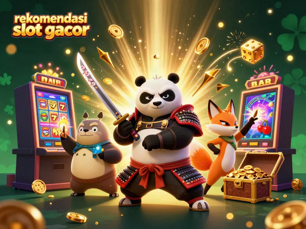 Rekomendasi slot gacor dengan samurai panda beraksi di mesin slot berkilauan.