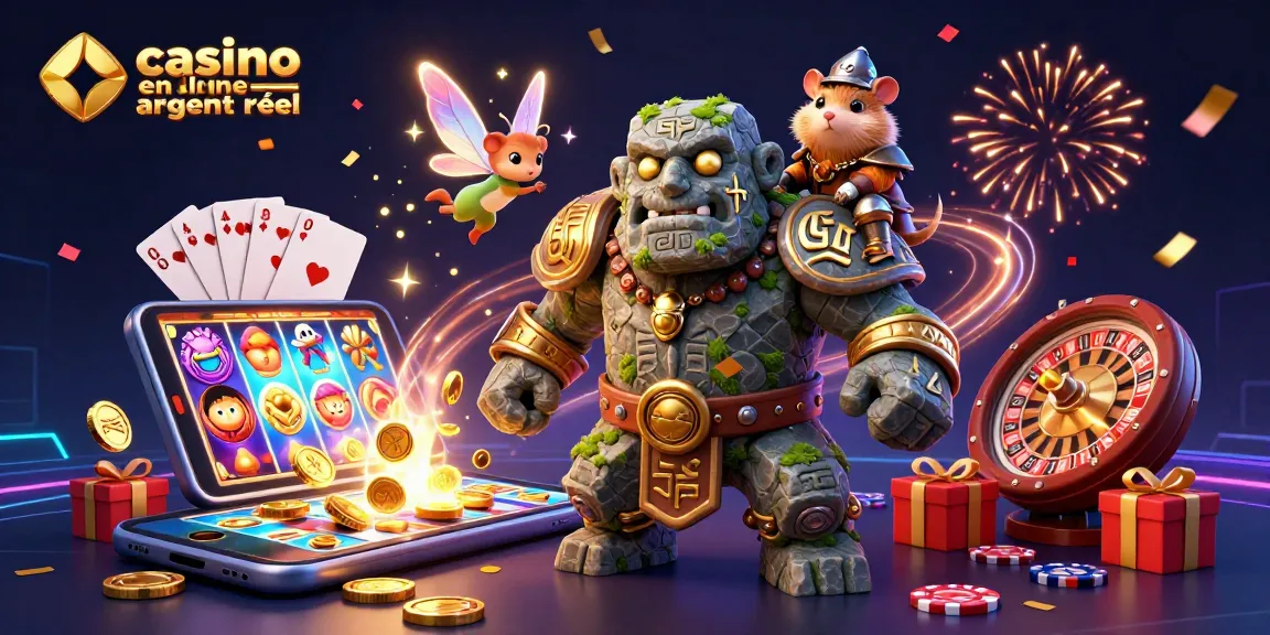 Profitez de l'expérience immersive dans un casino en ligne argent réel avec un golem magique et un hamster chevalier.