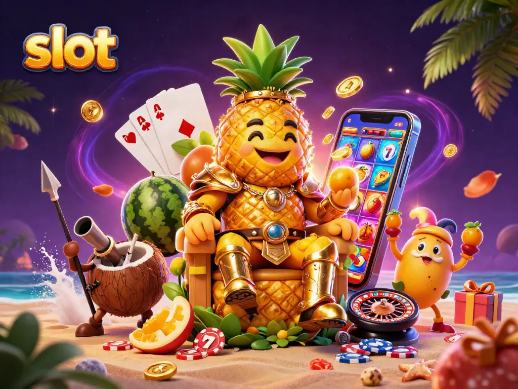 Memenangkan slot di kasino dengan raja nanas dangkal dan simbol berkali-kali.