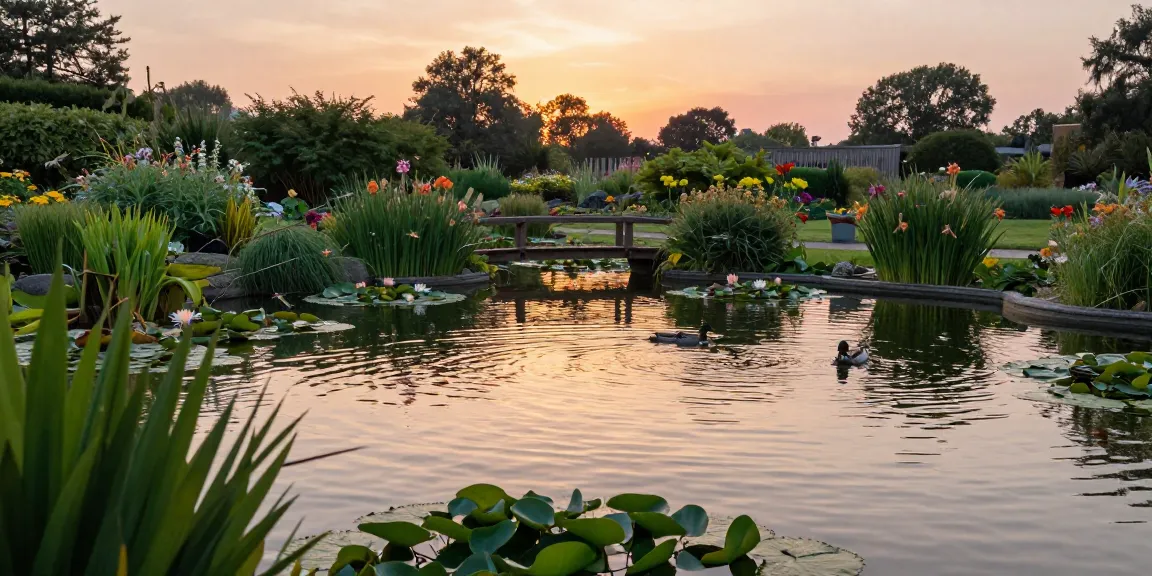 British Pond Plants flourishing in a tranquil garden pond during sunset.