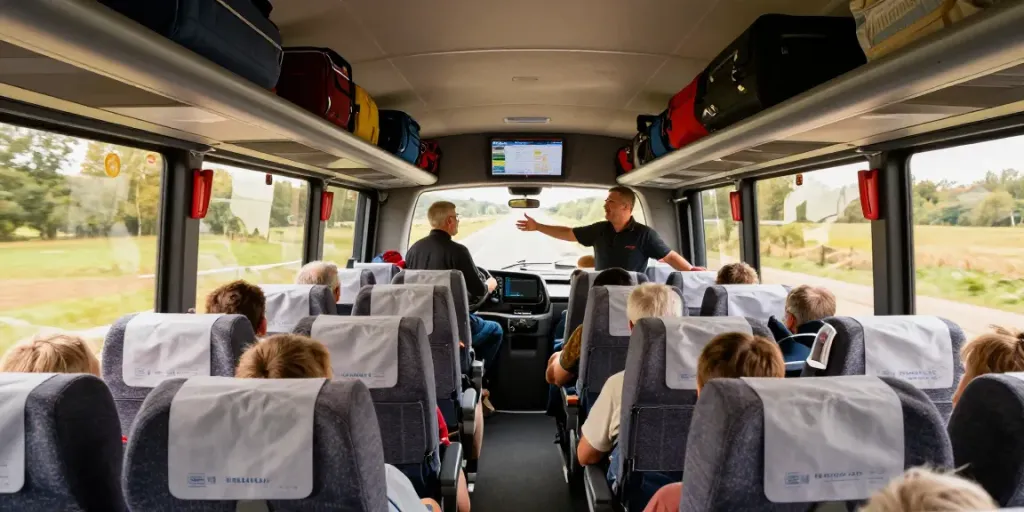 Transport Moldova Olanda - interior confortabil al autocarului cu pasageri relaxați și peisaje europene