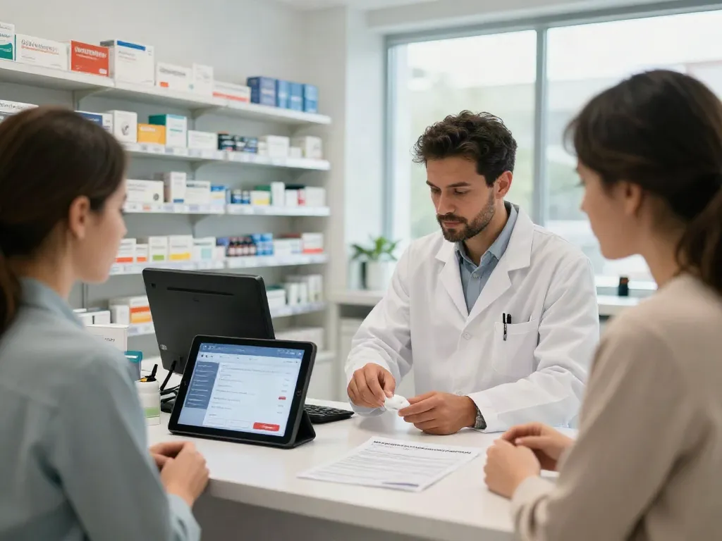 Anabolizzanti online displayed in a modern pharmacy, showcasing various anabolic steroids, including testosterone and peptides, while a pharmacist assists a customer.