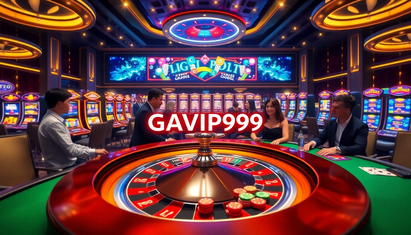 Players engaging at the GAVIP999 poker table with vibrant casino ambiance.
