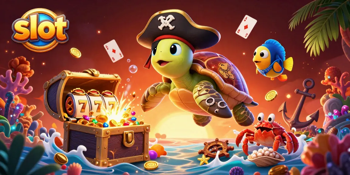 Spin the slot reels as a pirate turtle and friends uncover treasure in a vibrant underwater scene.