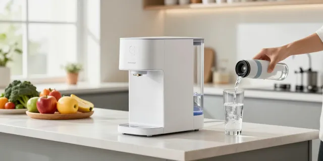 Discover distilled water and purified water differences with a reverse osmosis system in a modern kitchen.