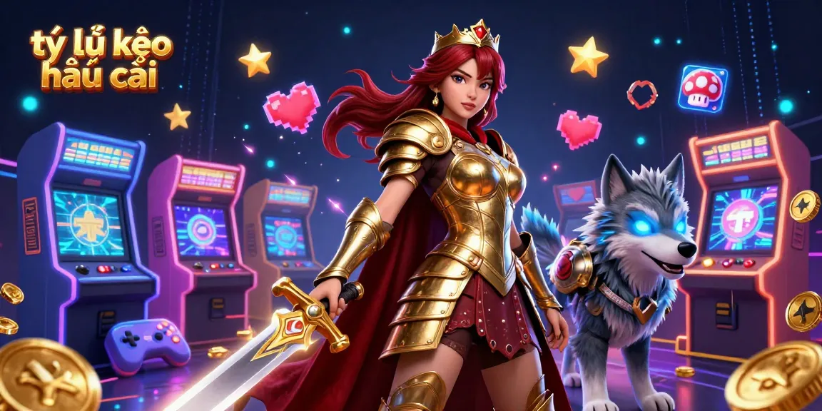Engage with tỷ lệ kèo nhà cái in a vibrant casino adventure featuring a warrior queen and a glowing wolf companion.