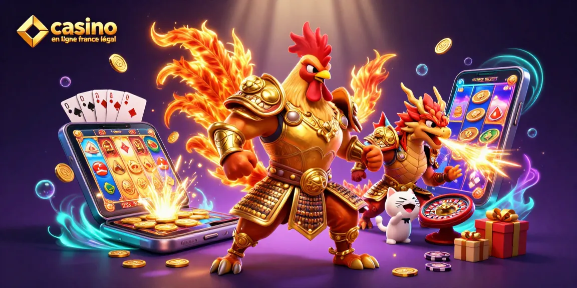 Illustration dynamique représentant le casino en ligne France légal avec un guerrier coq et un dragon, entourés de jeux de casino.