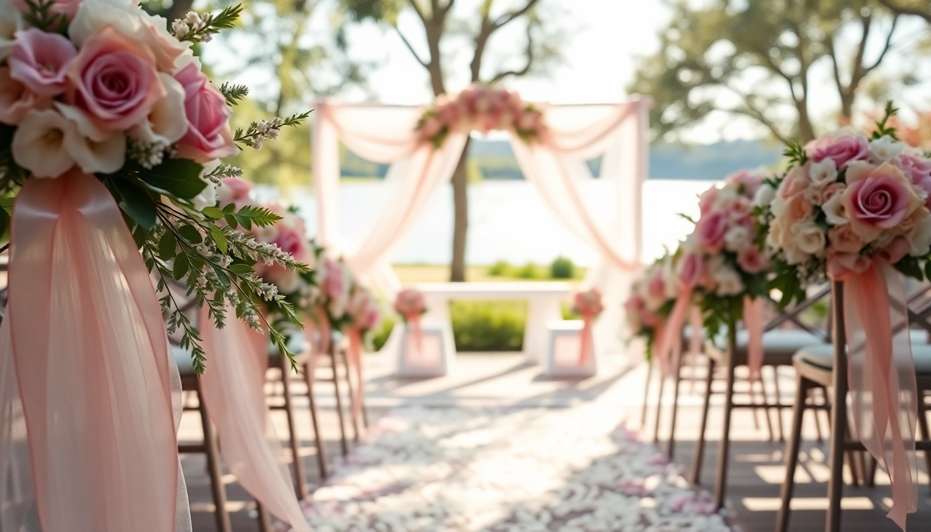 Beautiful wedding ceremony at a Jacksonville Wedding Venue showcasing floral decorations and serene outdoor setting.