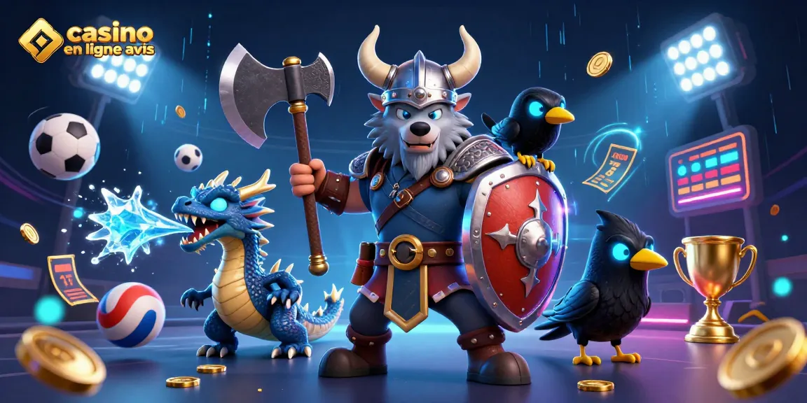 Évaluez les avis sur les casinos en ligne avec des guerriers vikings et dragons sur une scène dynamique.