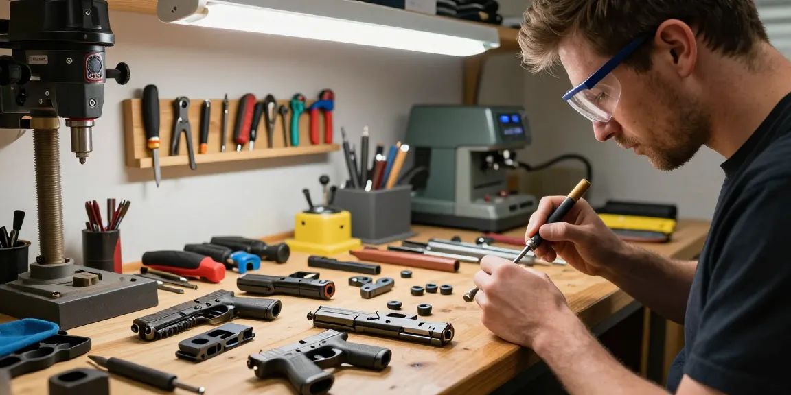 Gunsmith customizing Glock slides in a precision workshop at https://precisionglockslides.com.