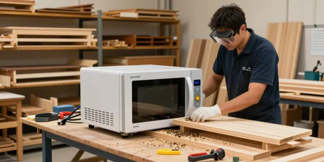 SHASHEL® microwave equipment eliminating wood-boring insects in an industrial workshop.