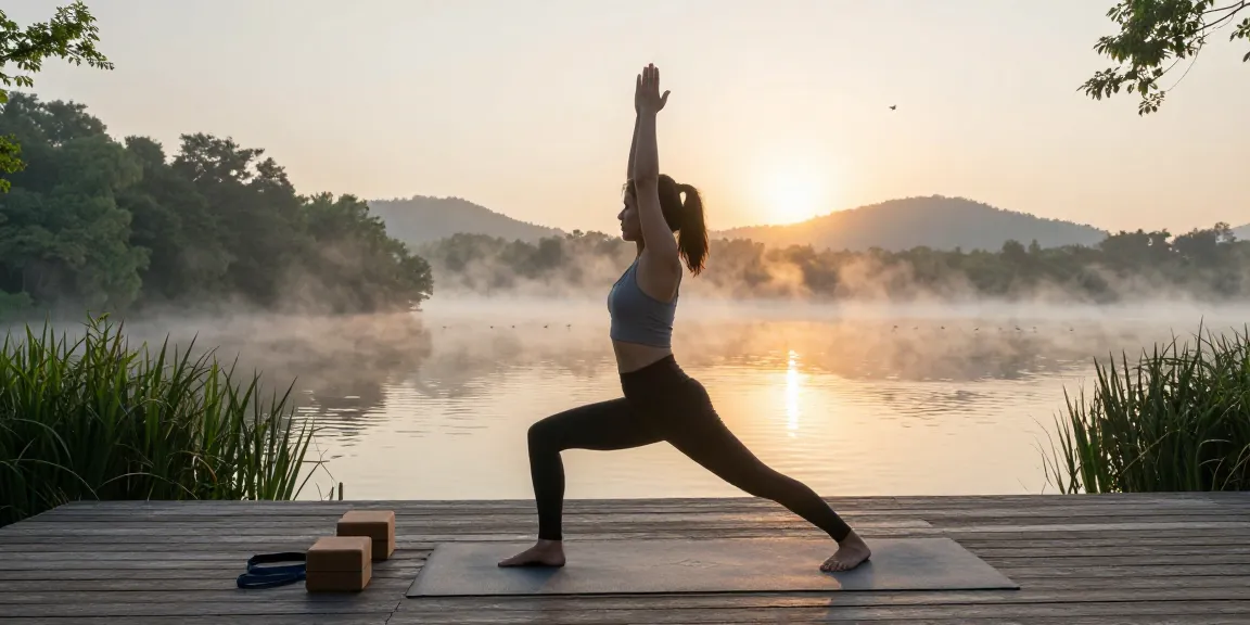A serene lakeside yoga scene with a practitioner executing a warrior pose, embodying Stefan Camilleri yoga's principles of mindfulness and tranquility.