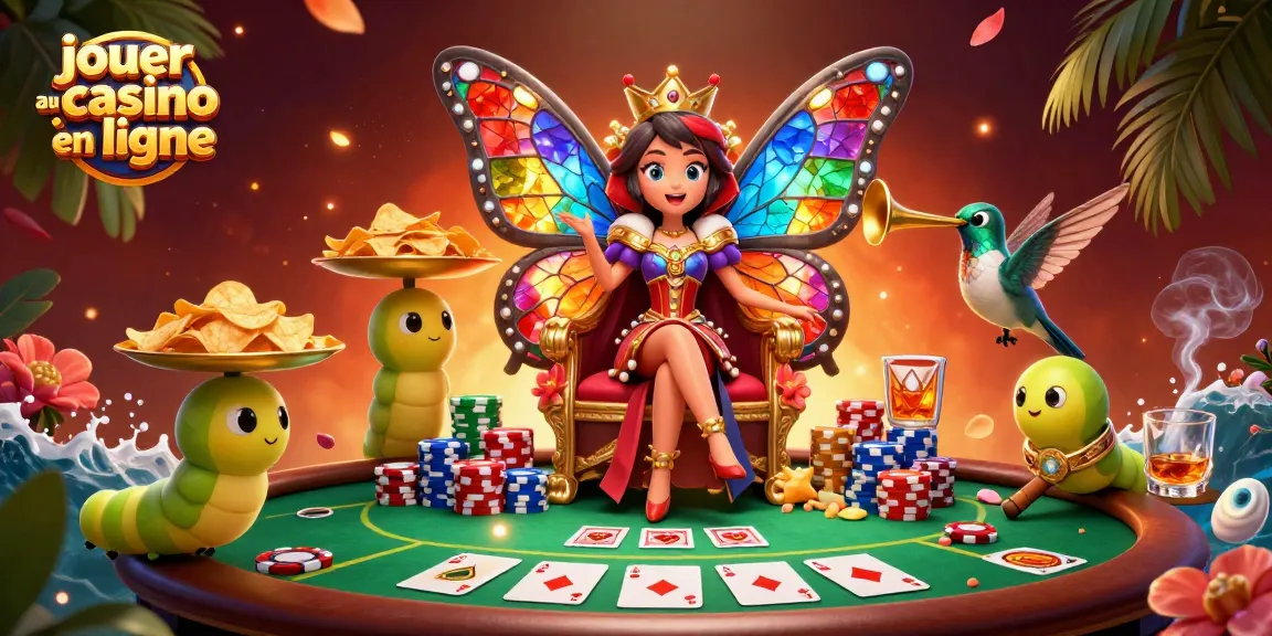 Jouer au casino en ligne avec la reine des papillons et des éléments de poker captivants.
