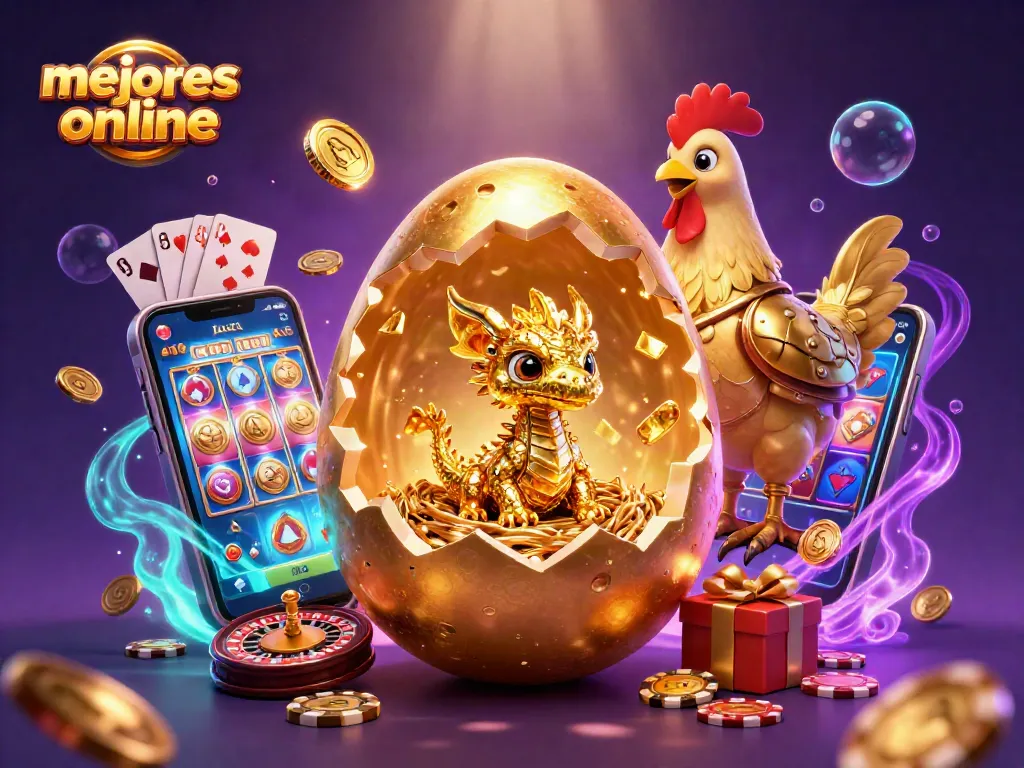 Mejores casinos online: ilustración 3D de dragón dorado entre fichas de póker y elementos de juego.
