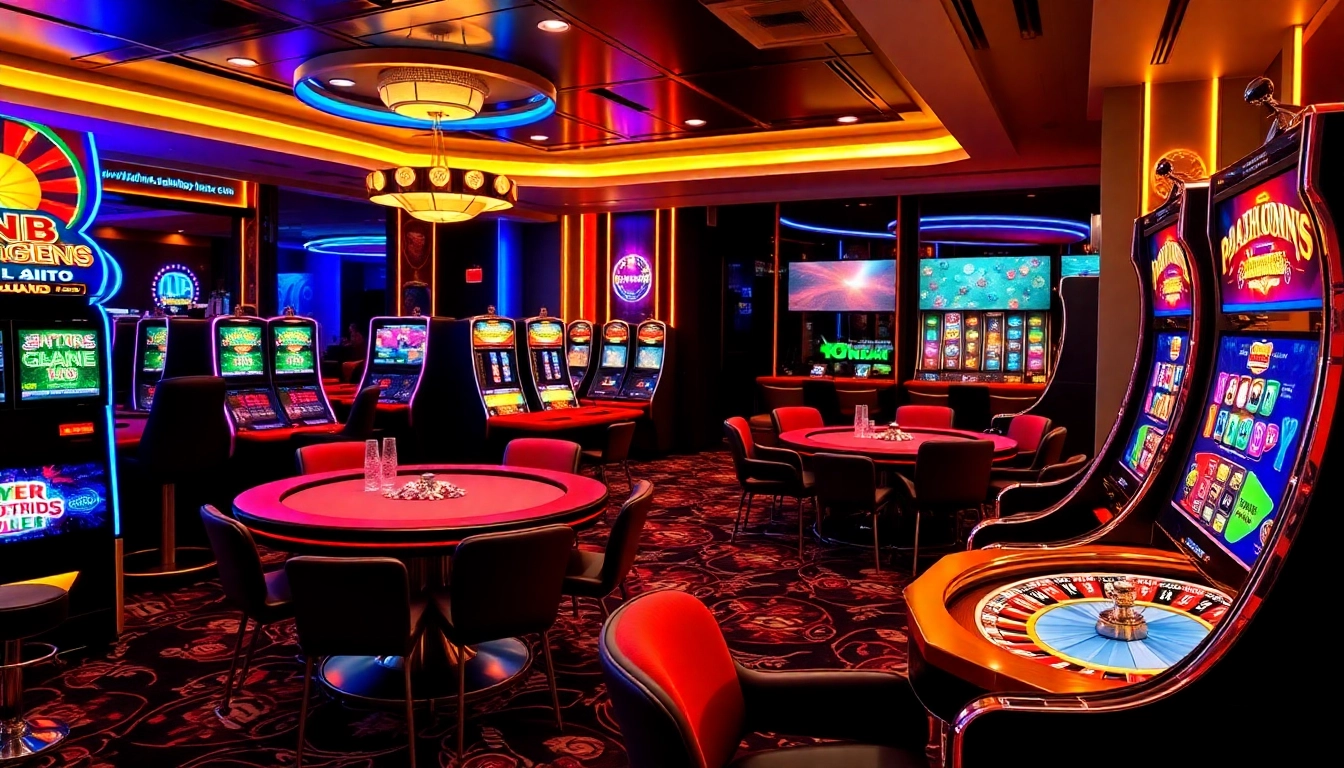 Adegan kasino online yang hidup menampilkan mesin slot, meja poker, dan lampu-lampu mewah, menyoroti jmacdonaldphoto.com.