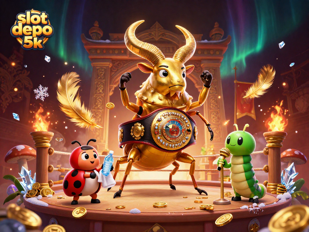 Engage with slot depo 5k as a cartoon beetle champion faces off in a vibrant casino setting.