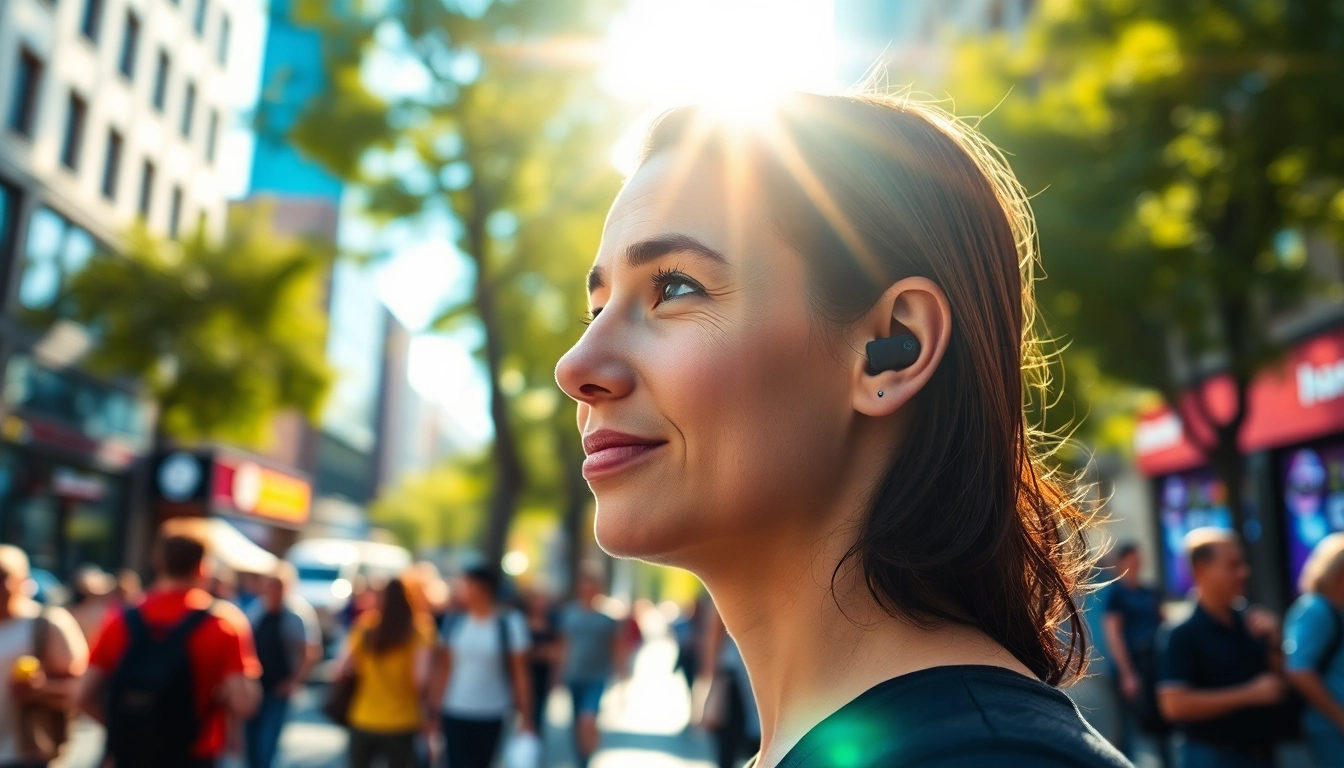 Person enjoying music with Bone X1 Bone Conduction Headphones in a vibrant urban setting.