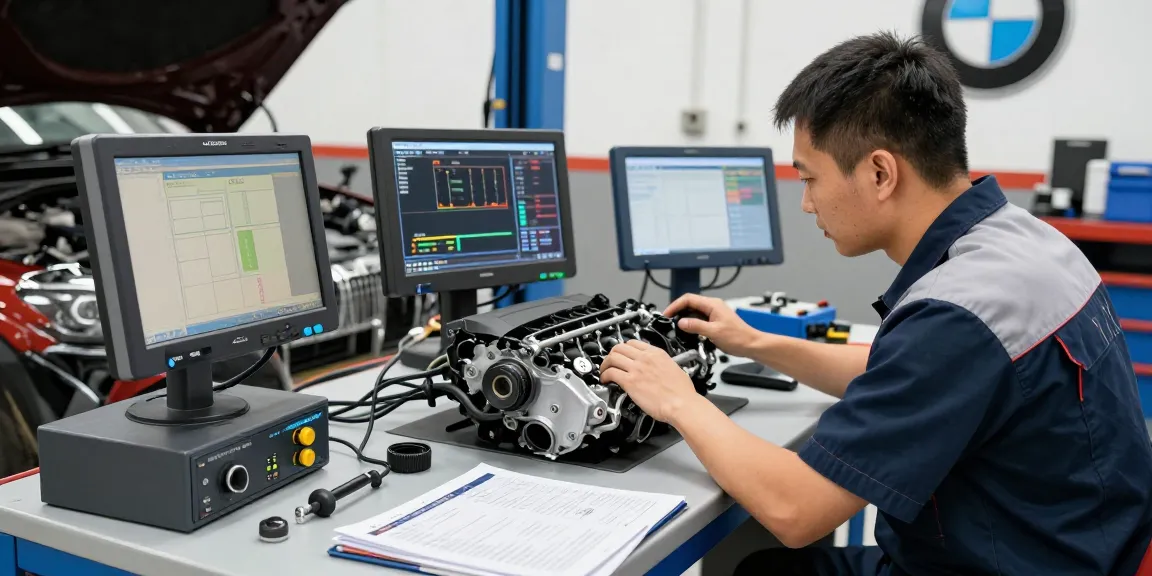 Professioneller Mechaniker in einer BMW Werkstatt Hannover überprüft den Motor und bietet hochwertige Dienstleistungen an.