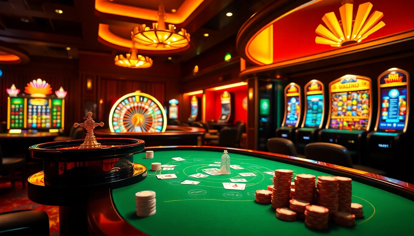 Scène captivante d'un site de casino en ligne avec des jeux de table vibrants, des jetons de poker et des roues de roulette.