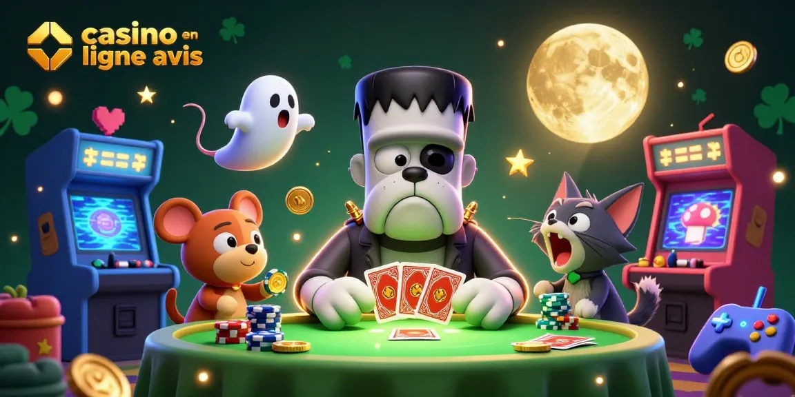 Illustration dynamique de casino en ligne avis montrant un bulldog Frankenstein dealer de cartes à une table, avec des éléments ludiques.