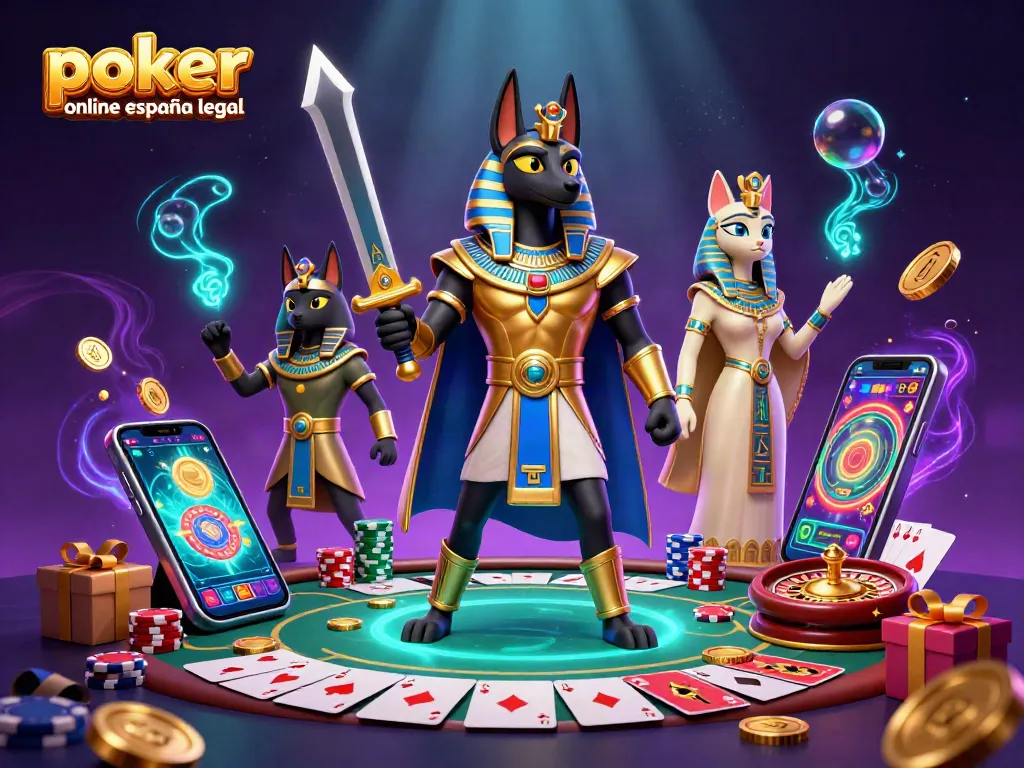 Juega al póker online España legal en un entorno de casino vibrante con personajes y elementos dinámicos.