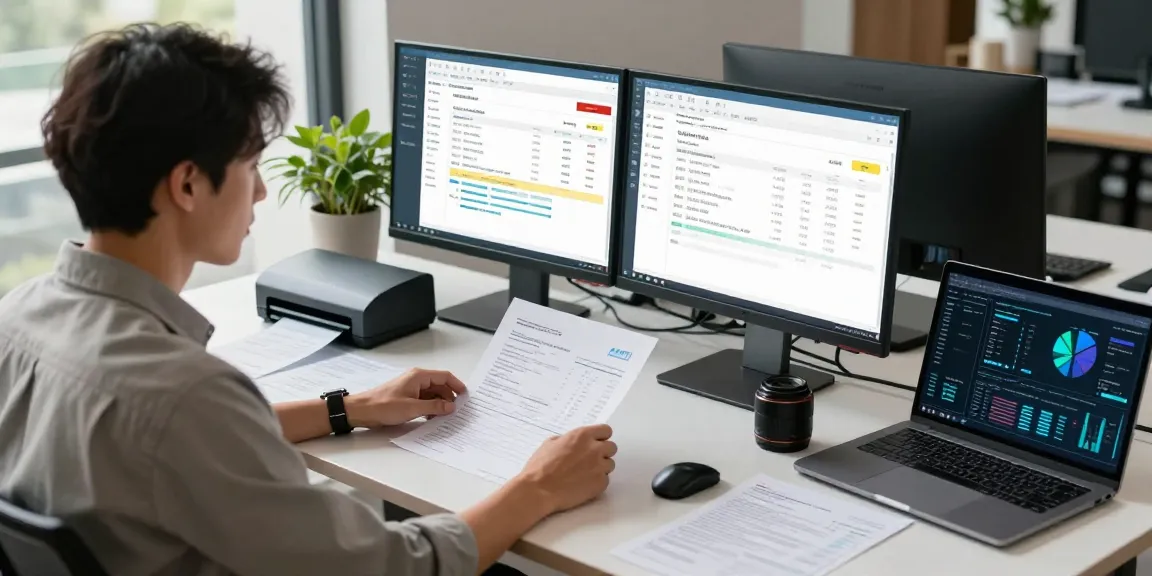 Detect fraud invoice analysis in a modern office setup, featuring invoice data on dual monitors.