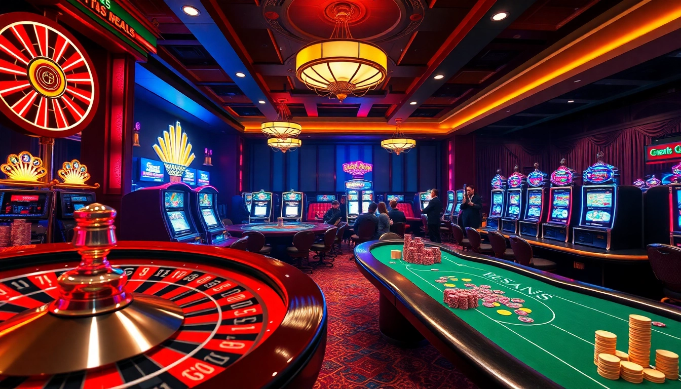 A vibrant casino floor at https://s8glx.com showcasing roulette, poker tables, and slot machines.