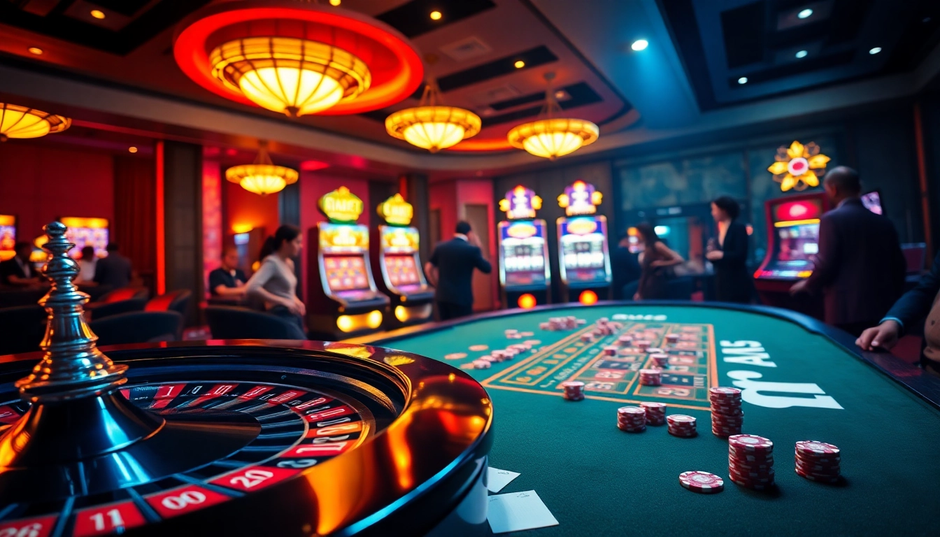 Experience thrilling gameplay at SHBET, featuring an exciting casino scene with roulette and poker.