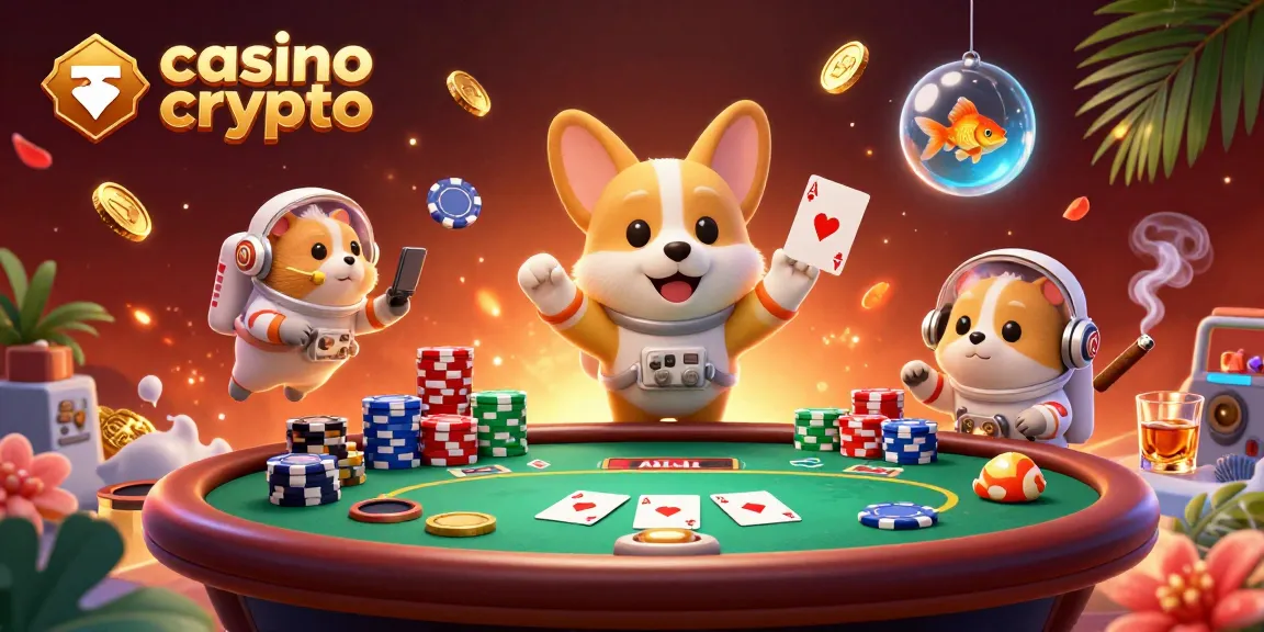 Illustration captivante d'un casino crypto avec un corgi astronaute flottant, des jetons de poker et des pièces d'or.