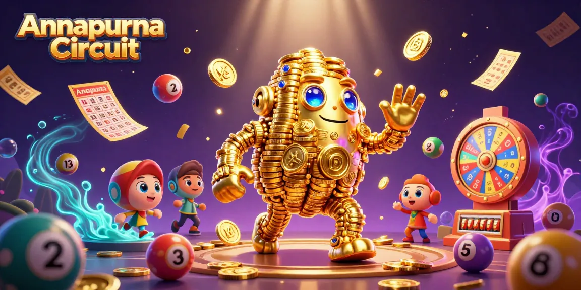 Annapurna Circuit engages players with a vibrant golden golem and dynamic casino elements in 3D illustration.