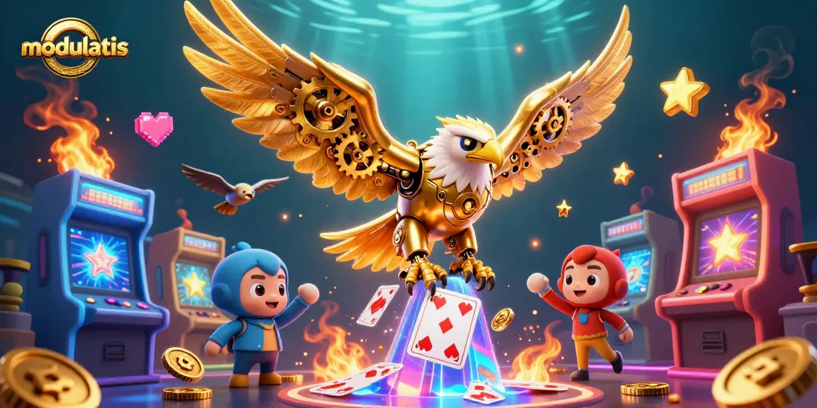 Bermain slot online modulatis dengan ikon permainan berkilau di lingkungan yang modern dan dinamis.