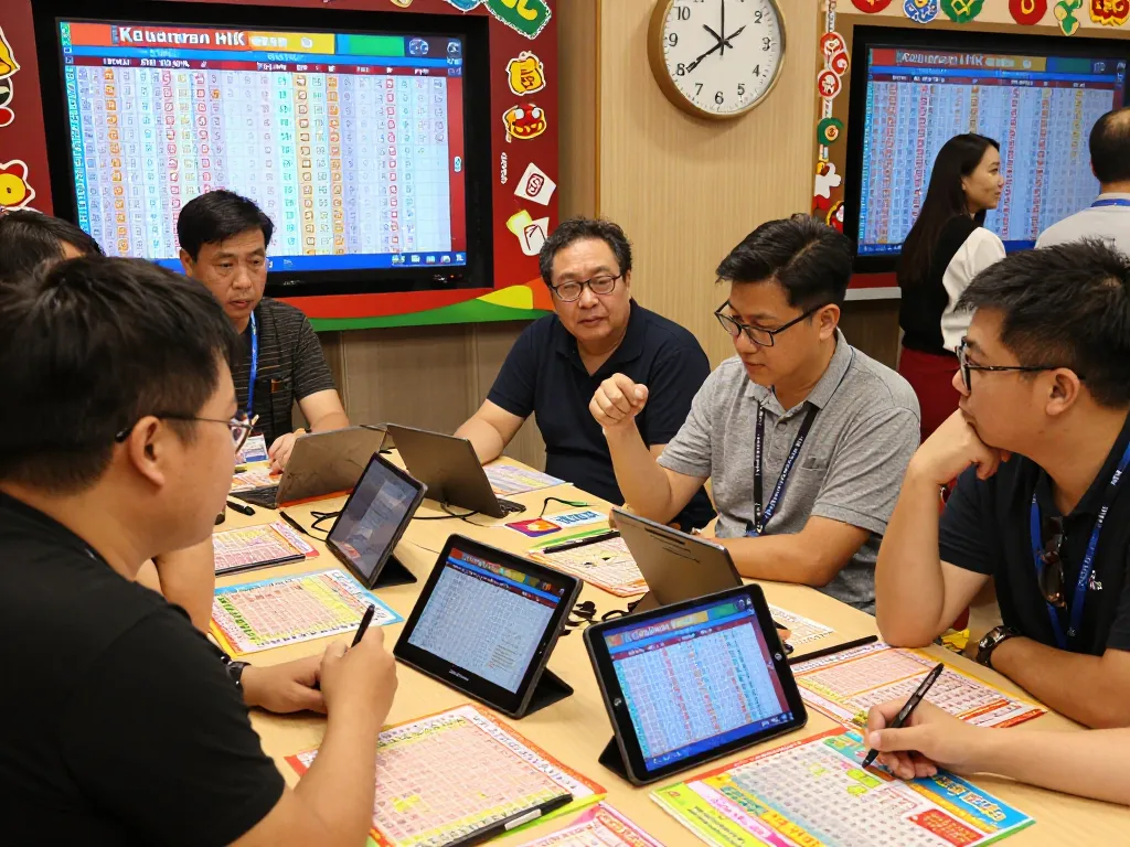 Keluaran HK excitement captured as players analyze lottery tickets and live results in a lively gaming atmosphere.