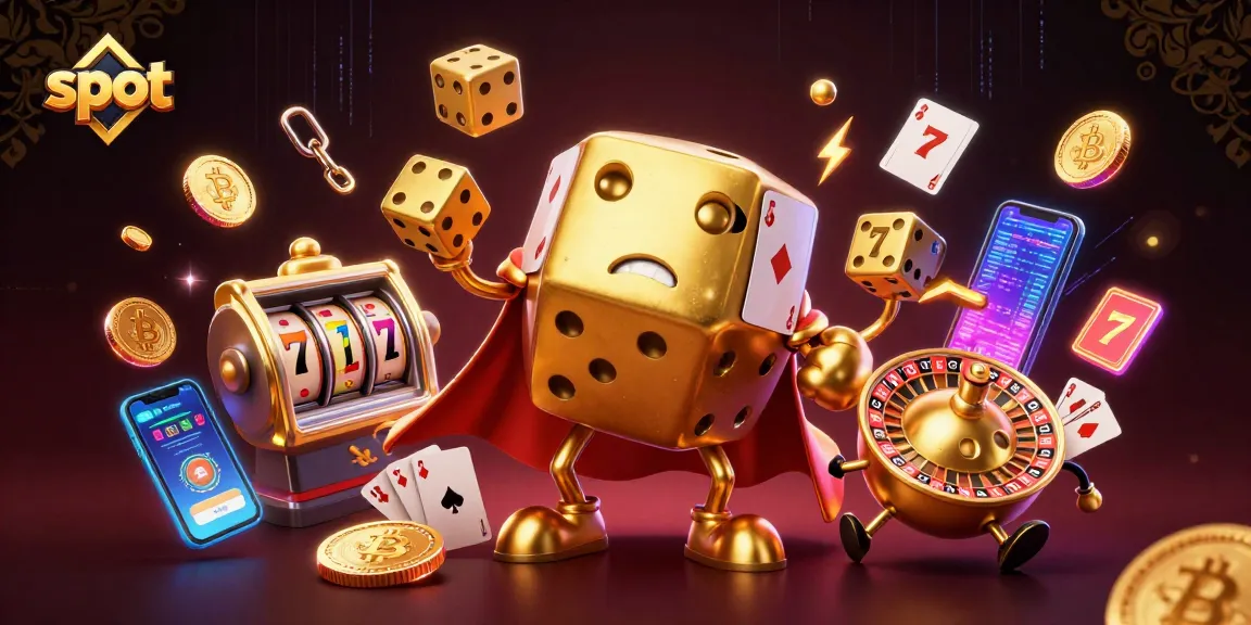 Spin the slot with this vibrant illustration of a golden dice golem and crypto elements.
