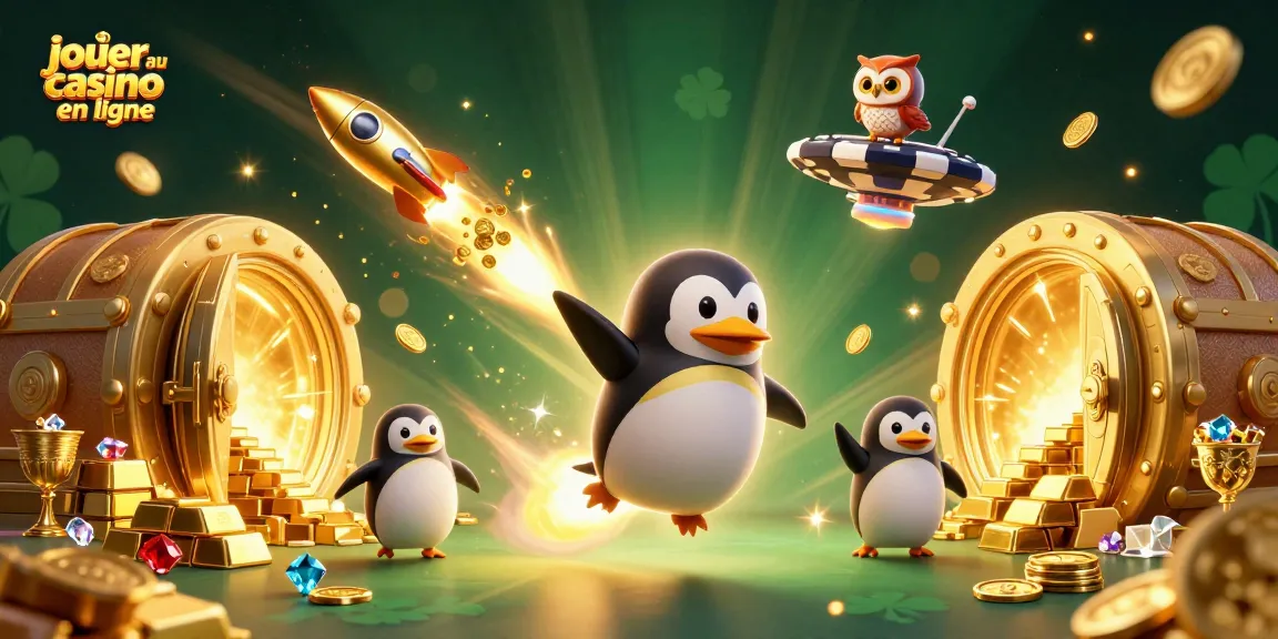 Jouer au casino en ligne avec un pingouin doré propulsé par des fusées à travers l'espace, entouré de trésors.